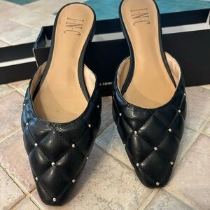 INC International Concepts Black Studded Quilted Mules